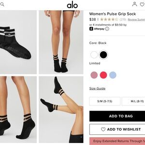 ALO Yoga Women's pulse Grip Socks black M/L retails $38 Pilates black